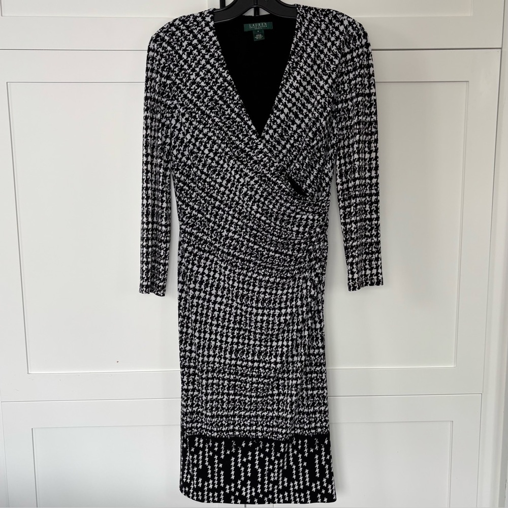 Lauren Ralph Lauren Black White Houndstooth Wrap Dress Size 8